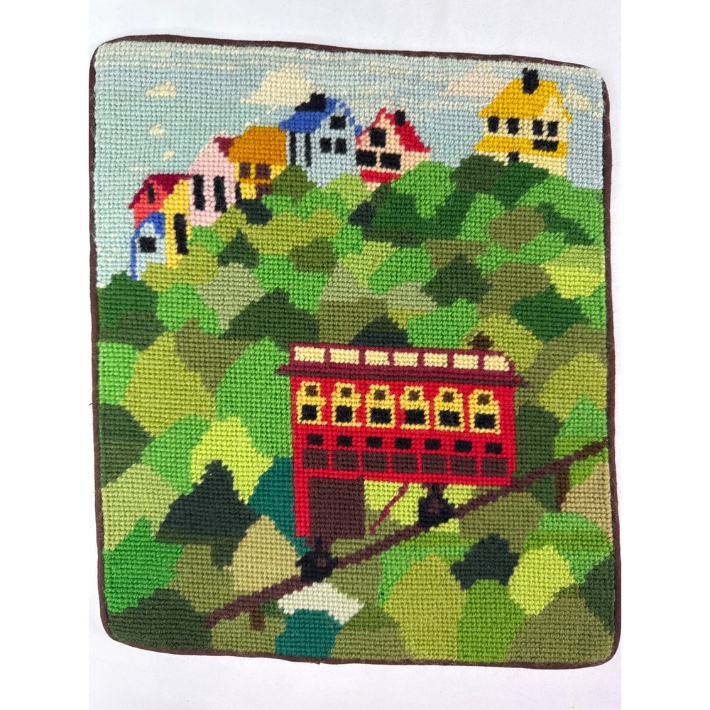Vintage Handmade Needlepoint Pittsburgh Duquesne Incline Hillside Houses Art